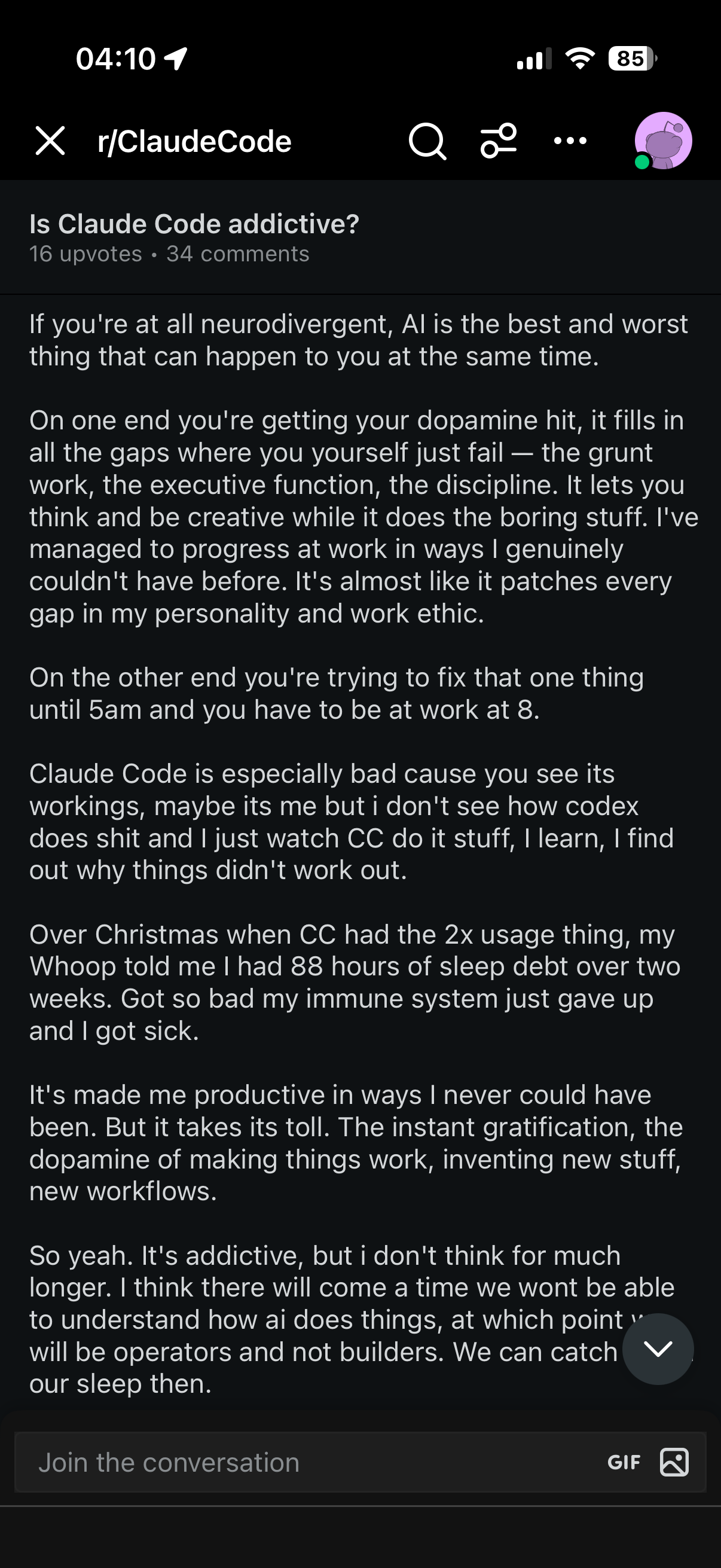 Reddit post — It's addictive. I can't sleep at night.