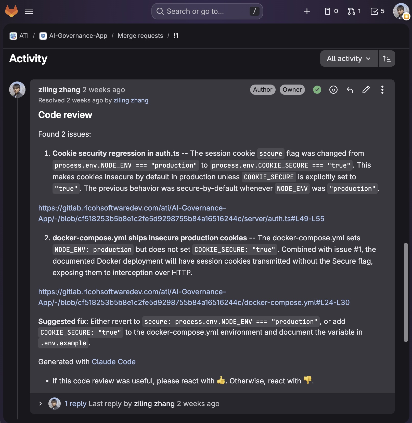 MR code review — Claude Code found cookie security regression and insecure Docker config
