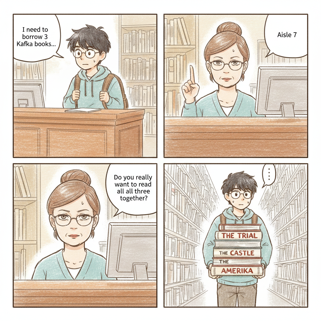 4-panel comic: asking for 3 Kafka books, librarian says aisle 7